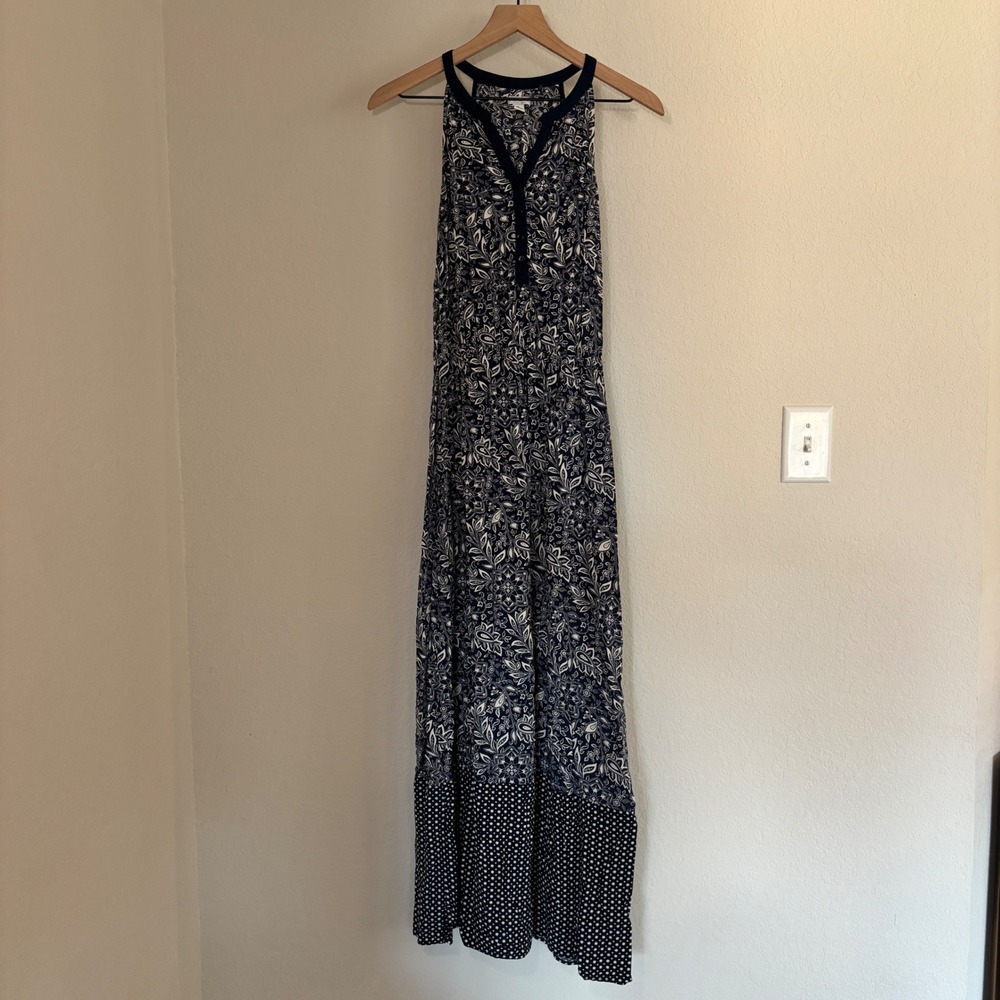 Old Navy Maxi Dress Small Mixed Print Navy Boho Coastal Summer
